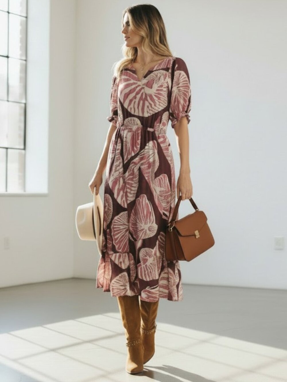 Umgee NWT Plum Botanical Floral Midi Dress Smocked Waist Boho Fall L